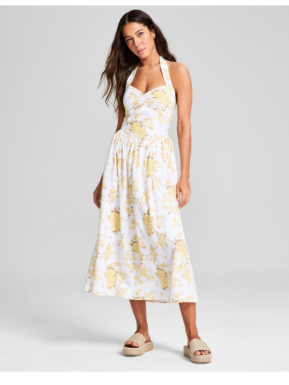 And NowThis Macy’s White Maxi halter Dress  Yellow Floral Print sweetheart neck